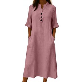 Women Cotton Dresses Trendy V Neck Button Down 3/4 Length Sleeve Summer Dresses Gauze Midi Dress with Pockets in Kuwait