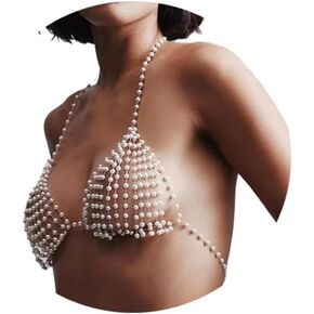 Multi-layered Beaded Tassel Chest Chain for Women Sexy Bikini Pearl Bra Chain Wedding Festival Outfit Pearl Lingerie Chain Body Jewelry in Kuwait
