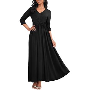 FANDEE Casual Maxi Dress for Women Summer Wtih Pockets 3/4 Sleeve V Neck Elastic High Waist Elegant Pleated A-Line Dresses in Kuwait
