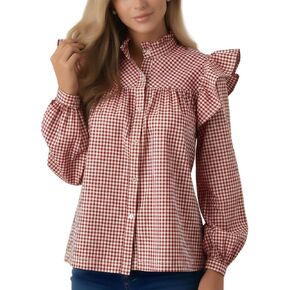 Plaid Shirts for Women Ruffle Button Down Shirts Puff Long Sleeves Blouses Collared Casual Tops in Kuwait