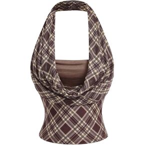 OYOANGLE Women's Halter Y2k Tank Tops Ruched Backless Sexy Going Out Plaid Crop Top in Kuwait