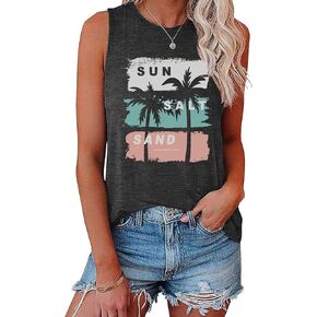 تي شيرت نسائي صيفي من YITAN بدون أكمام بتصميم Sun Sand Beach بدون أكمام in Kuwait