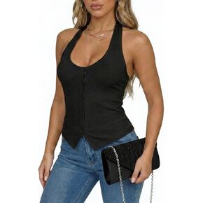 أعلى الرقبة الرسن للنساء مضلع عارية الذراعين قميص مثير الخروج قمم، Y2K زر يصل تانك الأعلى تاريخ النادي الليلي الحزب in Kuwait