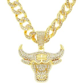 الرجال الهيب هوب حجر الراين الثور رئيس قلادة قلادة روك مغني الراب المجوهرات، القوطية الشرير الصخرة مثلج خارج الذهب الثور رئيس الكوبي سلسلة الارتباط للرجال in Kuwait
