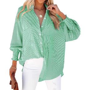Womens Button Down Shirts Striped Oversized Blouse Dressy Casual Long Sleeve Tops for Women with Pocket Green in Kuwait