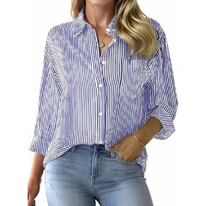 Womens Button Down Shirts Striped Classic Collared Office Work Blouses Tops with Pocket in Kuwait