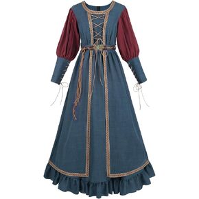 FCCAM Medieval Dress for Women Blue Long Sleeve Peasant Renaissance Costume with Vintage Belt in Kuwait