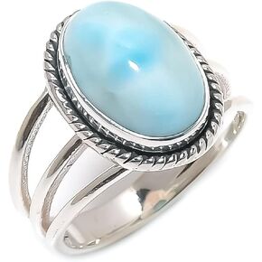 925 Silver Rhodium Alloy Larimar Adjustable Ring for Women – Oval Handmade Gemstone Rings Jewelry in Kuwait