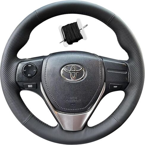 غطاء عجلة قيادة السيارة الداخلي من الجلد المثقوب باللون الأسود مخيط يدويًا، جلد من الألياف فائق النعومة ومضاد للانزلاق وجيد التهوية، لسيارة Toyota Corolla 2014 2015 2016 2017 2018/ RAV4 2013-2018/ Scion iM 2016 in Kuwait