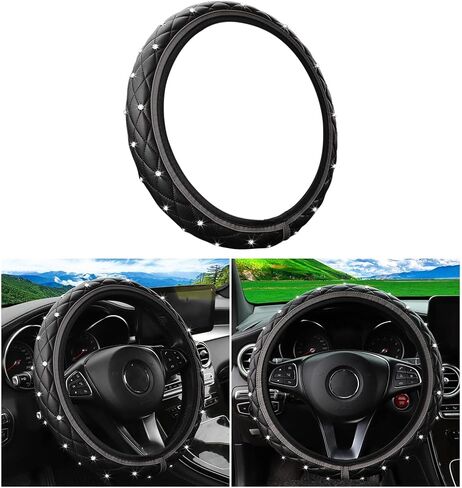 غطاء عجلة قيادة السيارة بلينغ، 14.5-15 بوصة كريستال حجر الراين مطاطي مطاطي غير قابل للانزلاق، واقي عجلة القيادة، ملحقات الديكور الداخلي للسيارات، عالمي للمركبات (بيج) in Kuwait
