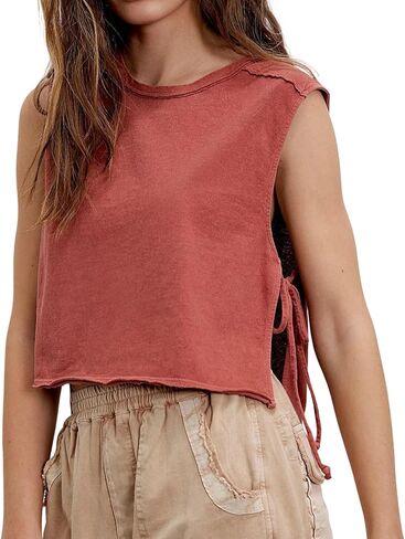 Womens Side Tie Tank Tops Y2k Teen Girls Going Out Sleeveless Camisole Summer Vest Slim Fit Crop Top in Saudi Arabia