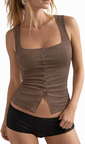 Women’s Button Front Tank Top, Ribbed Sleeveless Fitted Camisole, Square Neck Stretchy Summer Casual Basic Top in Saudi Arabia
