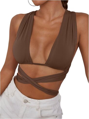 SHENHE Women's Y2K Deep V Neck Crop Tank Top Criss Cross Tie Back Sleeveless Fitted Going Out Tops in Saudi Arabia