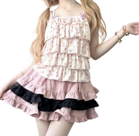 Womens Y2k Japanese Sweet Floral Print Ruffle Cami Top Multi Layer Frill Detail Kawaii Aesthetic Cute Fitted Cami in Saudi Arabia