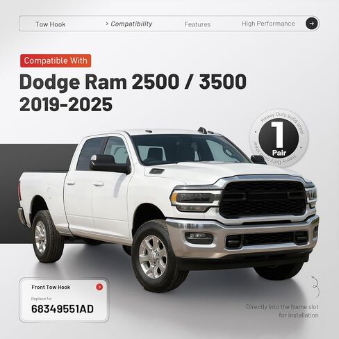 Front Tow Hooks Compatible with 2019-2026 Ram 2500/3500 Truck Recovery Replacement for 68349551AD Black Steel (Set of 2) in Kuwait