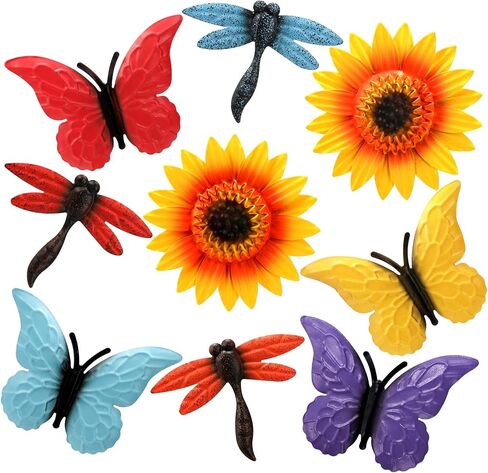 9 Pack Metal Sunflowers Wall Decor, Garden Flower Wall Art Decorations, Outdoor Butterfly Dragonfly Hanging Patio Decor, Yard Floral Fence Sculptures for Indoor Outside Living Room Bedroom in Saudi Arabia
