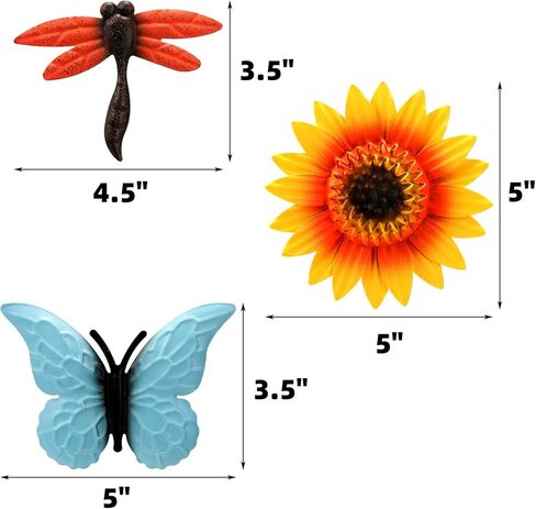 9 Pack Metal Sunflowers Wall Decor, Garden Flower Wall Art Decorations, Outdoor Butterfly Dragonfly Hanging Patio Decor, Yard Floral Fence Sculptures for Indoor Outside Living Room Bedroom in Saudi Arabia