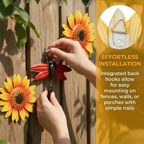 9 Pack Metal Sunflowers Wall Decor, Garden Flower Wall Art Decorations, Outdoor Butterfly Dragonfly Hanging Patio Decor, Yard Floral Fence Sculptures for Indoor Outside Living Room Bedroom in Saudi Arabia