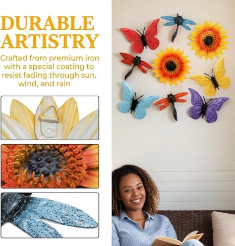 9 Pack Metal Sunflowers Wall Decor, Garden Flower Wall Art Decorations, Outdoor Butterfly Dragonfly Hanging Patio Decor, Yard Floral Fence Sculptures for Indoor Outside Living Room Bedroom in Saudi Arabia