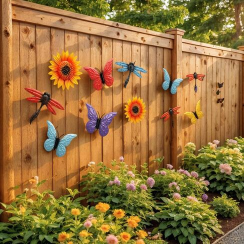 9 Pack Metal Sunflowers Wall Decor, Garden Flower Wall Art Decorations, Outdoor Butterfly Dragonfly Hanging Patio Decor, Yard Floral Fence Sculptures for Indoor Outside Living Room Bedroom in Saudi Arabia
