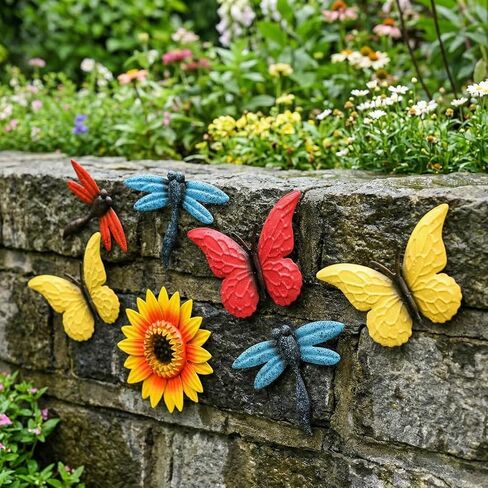 9 Pack Metal Sunflowers Wall Decor, Garden Flower Wall Art Decorations, Outdoor Butterfly Dragonfly Hanging Patio Decor, Yard Floral Fence Sculptures for Indoor Outside Living Room Bedroom in Saudi Arabia
