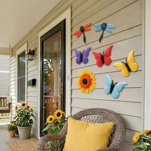 9 Pack Metal Sunflowers Wall Decor, Garden Flower Wall Art Decorations, Outdoor Butterfly Dragonfly Hanging Patio Decor, Yard Floral Fence Sculptures for Indoor Outside Living Room Bedroom in Saudi Arabia