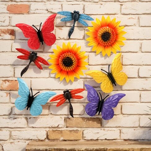 9 Pack Metal Sunflowers Wall Decor, Garden Flower Wall Art Decorations, Outdoor Butterfly Dragonfly Hanging Patio Decor, Yard Floral Fence Sculptures for Indoor Outside Living Room Bedroom in Saudi Arabia