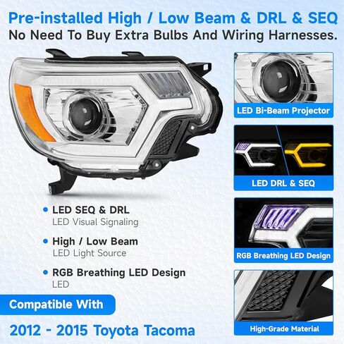 ELH 500% Brighter LED Projector Headlight Assemblies Fit For 2012-2015 Toyota Tacoma w/LED DRL Sequential Turn Light Headlamp (RGB Breathing LED Design Activates Exclusively During Startup) in Kuwait