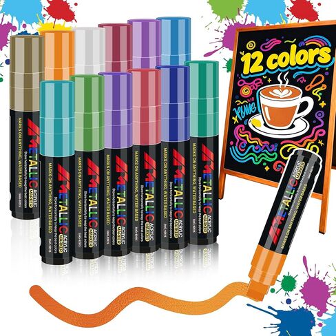 12 Colors Jumbo Poster Markers 15MM, Metallic Waterproof Graffiti Marker Pens, Acrylic Paint Liquid Chalkboard Markers, Erasable&Fabric Permanent Pens Wide Tip for Clothes Glass & Outdoor Car Windows in Saudi Arabia