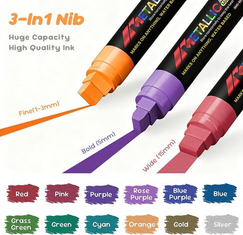 12 Colors Jumbo Poster Markers 15MM, Metallic Waterproof Graffiti Marker Pens, Acrylic Paint Liquid Chalkboard Markers, Erasable&Fabric Permanent Pens Wide Tip for Clothes Glass & Outdoor Car Windows in Saudi Arabia