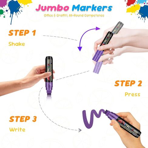 12 Colors Jumbo Poster Markers 15MM, Metallic Waterproof Graffiti Marker Pens, Acrylic Paint Liquid Chalkboard Markers, Erasable&Fabric Permanent Pens Wide Tip for Clothes Glass & Outdoor Car Windows in Saudi Arabia
