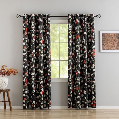 100% Blackout Curtains Floral Black Out Curtains for Living Room Vintage Butterfly Hummingbird Curtain Grommet Thermal Insulated Window Drapes for Bedroom, Black, 2 Panels in Saudi Arabia