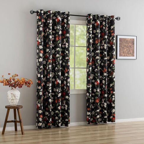100% Blackout Curtains Floral Black Out Curtains for Living Room Vintage Butterfly Hummingbird Curtain Grommet Thermal Insulated Window Drapes for Bedroom, Black, 2 Panels in Saudi Arabia