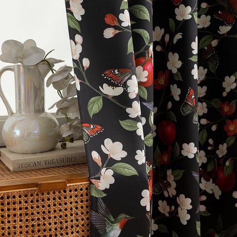 100% Blackout Curtains Floral Black Out Curtains for Living Room Vintage Butterfly Hummingbird Curtain Grommet Thermal Insulated Window Drapes for Bedroom, Black, 2 Panels in Saudi Arabia