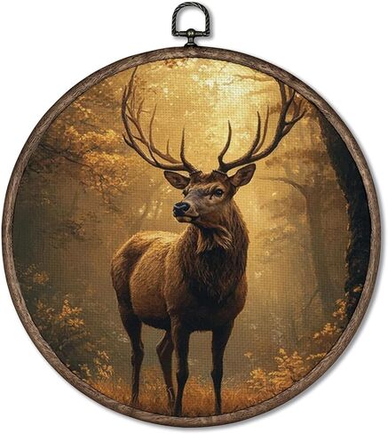 Giosve Vintage Rustic Fall Reindeer Round Wall Art Canvas Framed Poster, Cottagecore Autumn Forest Landscape Deer Animal Hanging Wall Sculptures for Home Bedroom Living Room Decor, 10x10 Inch in Kuwait