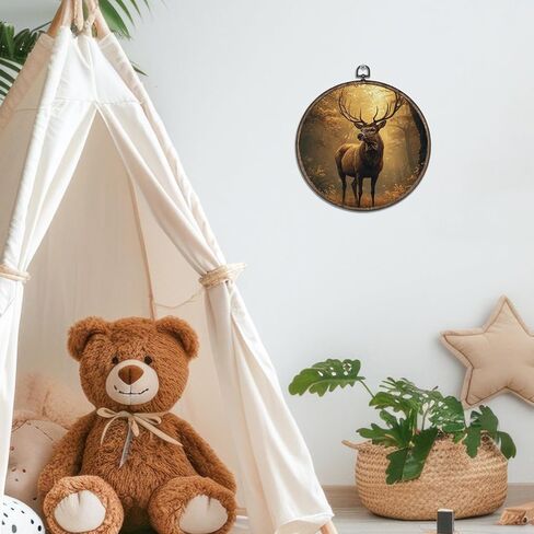 Giosve Vintage Rustic Fall Reindeer Round Wall Art Canvas Framed Poster, Cottagecore Autumn Forest Landscape Deer Animal Hanging Wall Sculptures for Home Bedroom Living Room Decor, 10x10 Inch in Kuwait