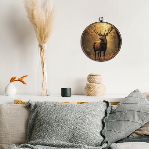 Giosve Vintage Rustic Fall Reindeer Round Wall Art Canvas Framed Poster, Cottagecore Autumn Forest Landscape Deer Animal Hanging Wall Sculptures for Home Bedroom Living Room Decor, 10x10 Inch in Kuwait