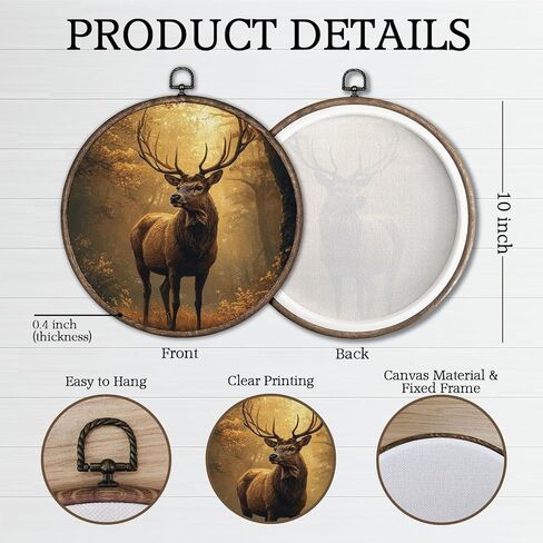 Giosve Vintage Rustic Fall Reindeer Round Wall Art Canvas Framed Poster, Cottagecore Autumn Forest Landscape Deer Animal Hanging Wall Sculptures for Home Bedroom Living Room Decor, 10x10 Inch in Kuwait