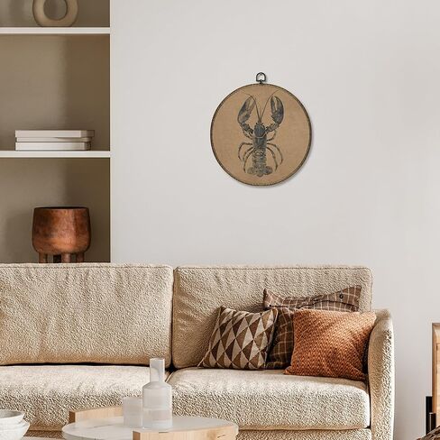 OINDADE Vintage Lobster Round Wall Art Decor, Coastal Beach Nautical Lobster Wall Art Hanging Decor, Vintage Retro Marine Crawfish Framed Canvas Artwork for Living Room Bathroom Nursery, 10x10in in Kuwait