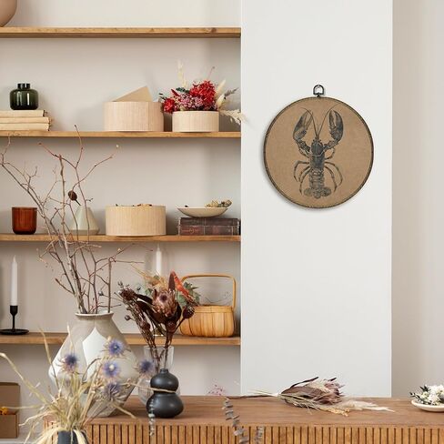 OINDADE Vintage Lobster Round Wall Art Decor, Coastal Beach Nautical Lobster Wall Art Hanging Decor, Vintage Retro Marine Crawfish Framed Canvas Artwork for Living Room Bathroom Nursery, 10x10in in Kuwait