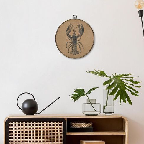 OINDADE Vintage Lobster Round Wall Art Decor, Coastal Beach Nautical Lobster Wall Art Hanging Decor, Vintage Retro Marine Crawfish Framed Canvas Artwork for Living Room Bathroom Nursery, 10x10in in Kuwait