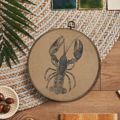 OINDADE Vintage Lobster Round Wall Art Decor, Coastal Beach Nautical Lobster Wall Art Hanging Decor, Vintage Retro Marine Crawfish Framed Canvas Artwork for Living Room Bathroom Nursery, 10x10in in Kuwait