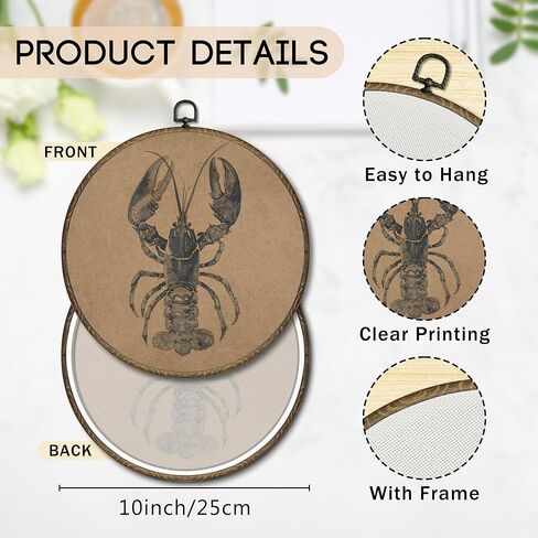 OINDADE Vintage Lobster Round Wall Art Decor, Coastal Beach Nautical Lobster Wall Art Hanging Decor, Vintage Retro Marine Crawfish Framed Canvas Artwork for Living Room Bathroom Nursery, 10x10in in Kuwait