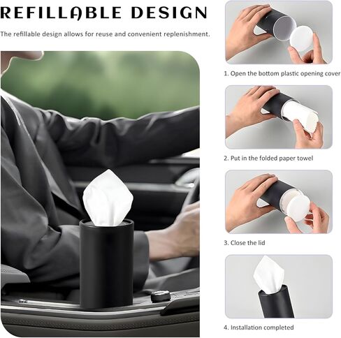 4PCS Car Tissue Holder, Round Tube Car Tissues Box Stylish Cup Holder Decor with Facial Tissues, Portable Cylinder Refillable Paper Napkin Container for Vehicle Home Office (Black) in Saudi Arabia