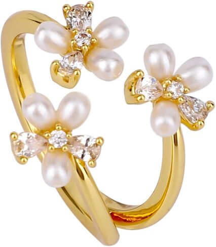 Dainty Flower Ring for Women, Adjustable Pearl Open Statement Ring Sparkling Cubic Zirconia Daisy Jewelry Accessories for Women in Saudi Arabia
