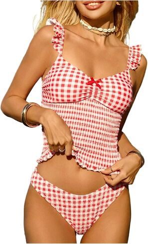 ملابس سباحة نسائية من Verdusa مكونة من قطعتين من القماش القطني اللطيف تانكيني مكشكشة مع سروال داخلي in Kuwait