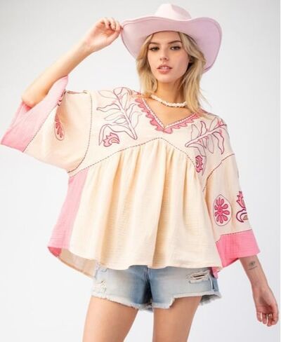 Womens Floral Printed Blouse V-Neck 3/4 Sleeves Loose Fit Vintage Babydoll Tops in Saudi Arabia