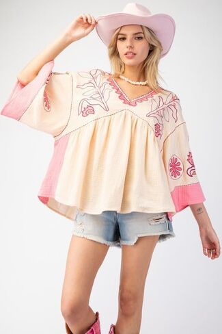 Womens Floral Printed Blouse V-Neck 3/4 Sleeves Loose Fit Vintage Babydoll Tops in Saudi Arabia