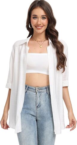 SUNNOW Women's Airy Gauze Style Button Up Shirt Lightweight Breathable Half Sleeve Cover Up Boho Beach Blouse for Vacation in Saudi Arabia