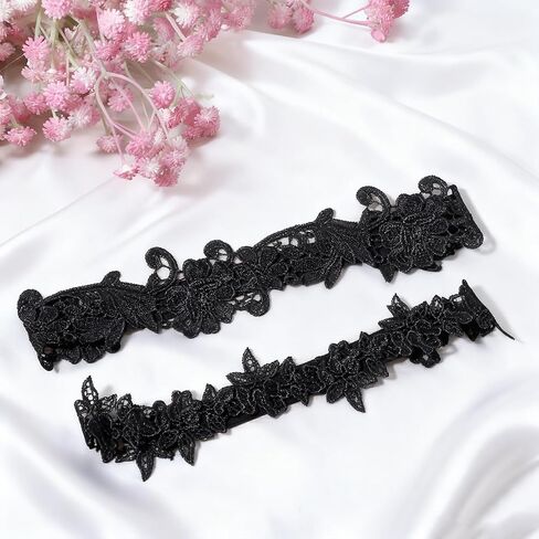 Garters for Bride, Elegant Lace Wedding Garter Set, 2Pcs Black Wedding Garter for Bride Floral Lace Thigh Thigh Garters for Women Weddings Bridal Accossories for Party Prom Weddings in Kuwait